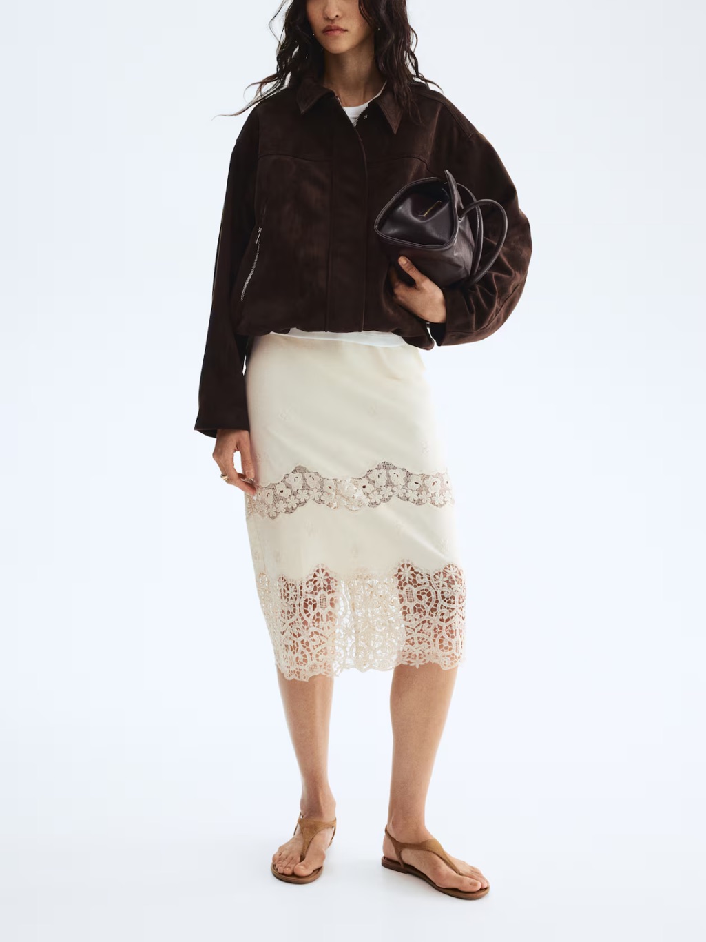 Nwot - H&M Embroidered Cotton Cream/Beige Lace-Panel Midi Skirt